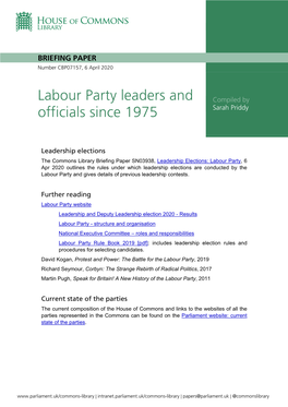 Labour Party Leaders and Officials Since 1975
