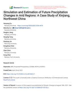 Simulation and Estimation of Future Precipitation Changes in Arid Regions: a Case Study of Xinjiang, Northwest China