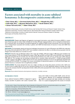 Factors Associated with Mortality in Acute Subdural Hematoma: Is Decompressive Craniectomy Effective?