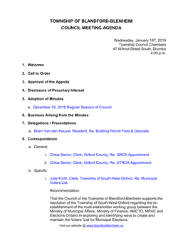 Township of Blandford-Blenheim Council Meeting Agenda