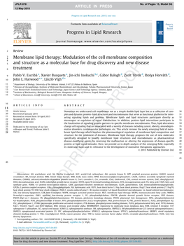 Membrane Lipid Therapy: Modulation of the Cell Membrane Composition 8 5 and Structure As a Molecular Base for Drug Discovery and New Disease