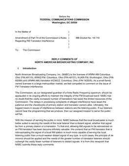 Before the FEDERAL COMMUNICATIONS COMMISSION Washington, DC 20554 in the Matter of ) ) Amendment of Part 74 of the Commission'