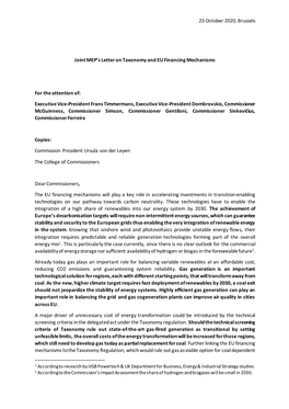 Letter on Taxonomy and EU Financing Mechanisms