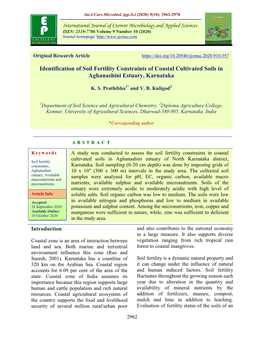Identification of Soil Fertility Constraints of Coastal Cultivated Soils in Aghanashini Estuary, Karnataka
