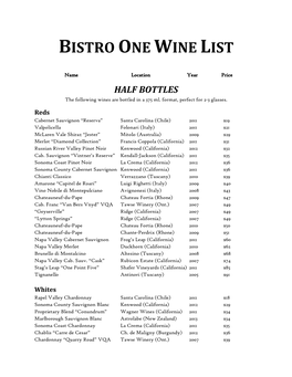 Bistro One Wine List