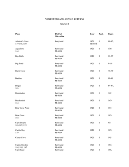 NEWFOUNDLAND: CENSUS RETURNS MG 9, I 3 Place District