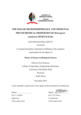 THE FOLIAR MICROMORPHOLOGY and MEDICINAL PHYTOCHEMICAL PROPERTIES of Heteropyxis Natalensis (MYRTACEAE)