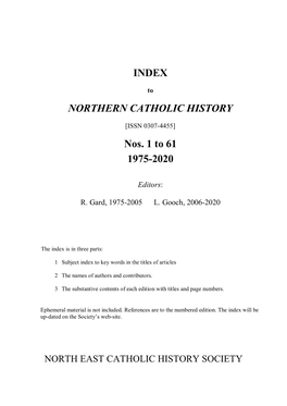 INDEX NORTHERN CATHOLIC HISTORY Nos. 1 to 61 1975-2020