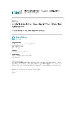 Irrégulière », 3 | 2000, “L'enfant De Justice Pendant La Guerre Et L’Immédiat Après-Guerre” [Online], Online Since , Connection on 20 March 2021