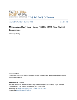 Mormons and Early Iowa History (1838 to 1858): Eight Distinct Connections