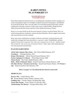 Karen Hines Playwright Cv