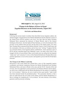 Changes in the Balance of Power in Egypt: Egyptian Discourse on the Social Networks, August 2012