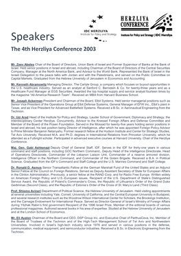 Speakers the 4Th Herzliya Conference 2003