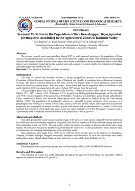 Seasonal Variation in the Population of Rice Grasshopper, Oxya Japonica (Orthoptera: Acrididae) in the Agricultural Zones of Kashmir Valley Mir Tajamul1, S