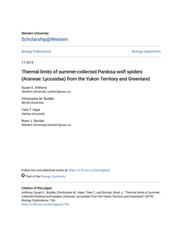 Thermal Limits of Summer-Collected Pardosa Wolf Spiders (Araneae: Lycosidae) from the Yukon Territory and Greenland