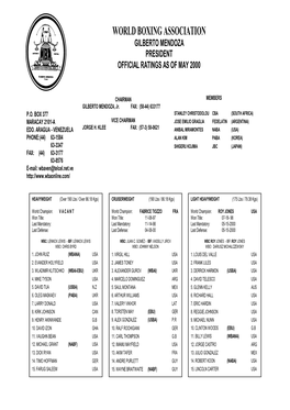 World Boxing Association Gilberto Mendoza President Official Ratings As of May 2000