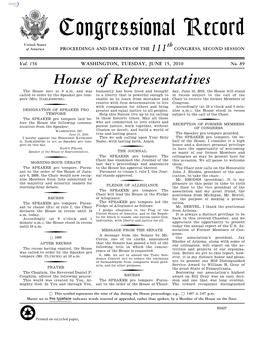 Congressional Record United States Th of America PROCEEDINGS and DEBATES of the 111 CONGRESS, SECOND SESSION