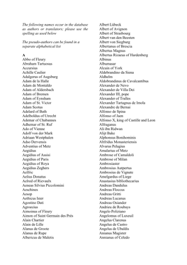 The Following Names Occur in the Database As Authors Or Translators