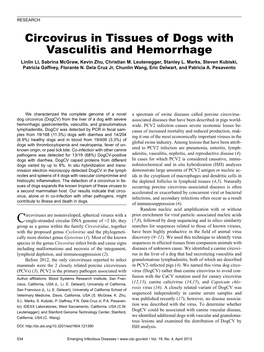 Circovirus in Tissues of Dogs with Vasculitis and Hemorrhage Linlin Li, Sabrina Mcgraw, Kevin Zhu, Christian M