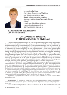 On Copyright Trolling in the Framework of Civil Law Lewandowska E