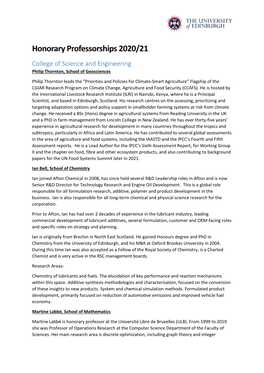 Honorary Professorships 2020/21 College of Science and Engineering Philip Thornton, School of Geosciences