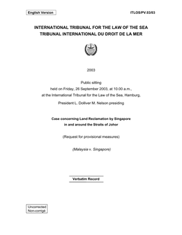 International Tribunal for the Law of the Sea Tribunal International Du Droit De La Mer