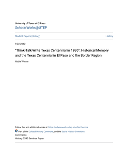 “Think-Talk-Write Texas Centennial in 1936”: Historical Memory and the Texas Centennial in El Paso and the Border Region