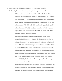 II. School-Level Plan- Sierra Vista Primary (SVP) – “THE NEED for SPEED”