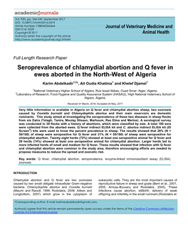 Seroprevalence of Chlamydial Abortion and Q Fever in Ewes Aborted in the North-West of Algeria