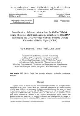 Oceanological and Hydrobiological Studies Identification of Diatom