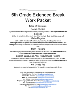 6Th Grade Extended Break Work Packet