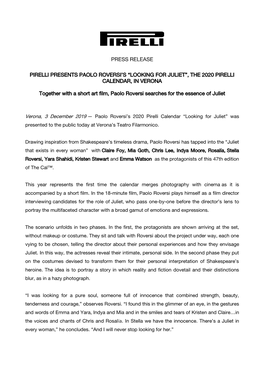 Press Release Pirelli Presents Paolo Roversi's