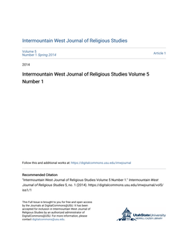 Intermountain West Journal of Religious Studies Volume 5 Number 1