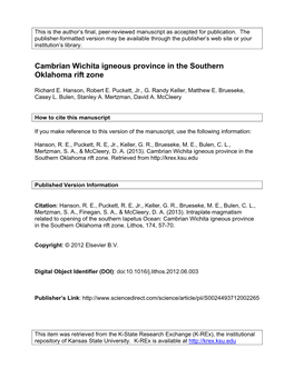 Cambrian Wichita Igneous Province in the Southern Oklahoma Rift Zone