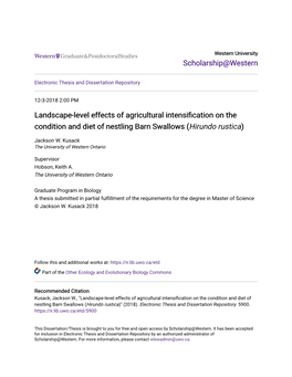 Landscape-Level Effects of Agricultural Intensification on the Condition and Diet of Nestling Barn Swallows (Hirundo Rustica)