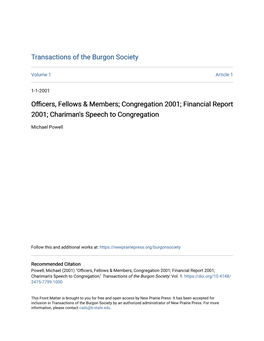 Financial Report 2001; Chariman's Speech to Congregation