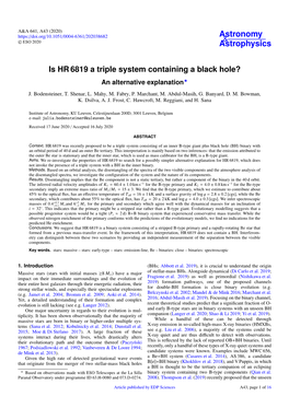 Is HR 6819 a Triple System Containing a Black Hole? an Alternative Explanation?