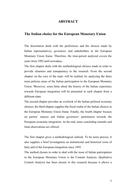 ABSTRACT the Italian Choice for the European Monetary Union