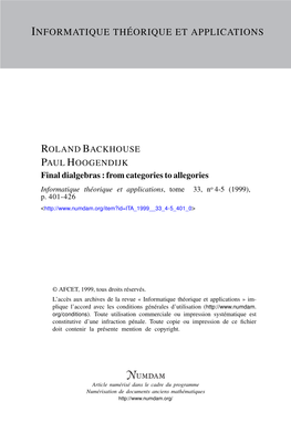 From Categories to Allegories Informatique Théorique Et Applications, Tome 33, No 4-5 (1999), P