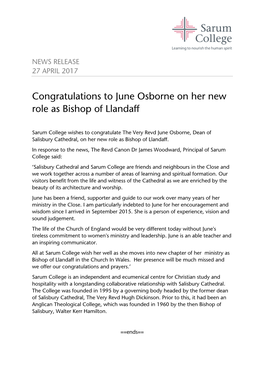 Congratulations to June Osborne on Her New Role As Bishop of Llandaff