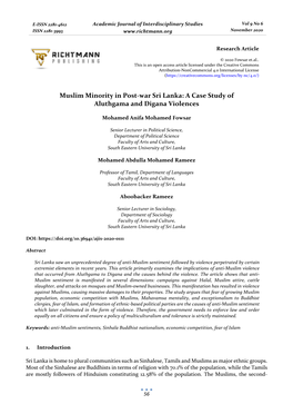 Muslim Minority in Post-War Sri Lanka: a Case Study of Aluthgama and Digana Violences