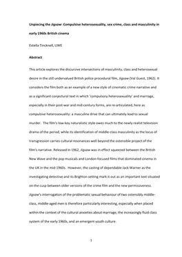 Unpiecing the Jigsaw: Compulsive Heterosexuality, Sex Crime, Class and Masculinity in Early 1960S British Cinema Estella Tinckne