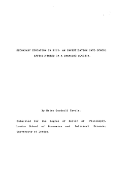 Secondary Education in Fiji: an Investigation Into School