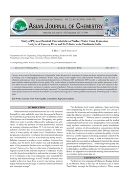 Study of Physico-Chemical Characteristics of Surface Water Using Regression Analysis of Cauvery River and Its Tributaries in Tamilnadu, India