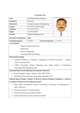 Dr.Mathura Prasad Thapliyal Professor Computer Science