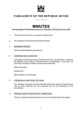 MINUTES of Proceedings of Parliament at Suva on Thursday, Third Day of June, 2021