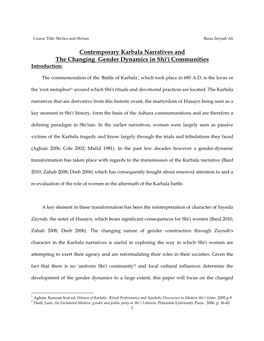 Contemporary Karbala Narratives and the Changing Gender Dynamics in Shi'i Communities Introduction