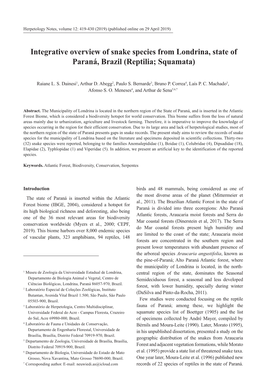 Integrative Overview of Snake Species from Londrina, State of Paraná, Brazil (Reptilia; Squamata)