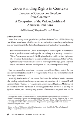 Understanding Rights in Context: Freedom of Contract Or Freedom from Contract? a Comparison of the Various Jewish and American Traditions