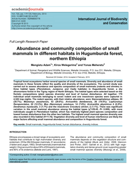 Abundance and Community Composition of Small Mammals in Different Habitats in Hugumburda Forest, Northern Ethiopia